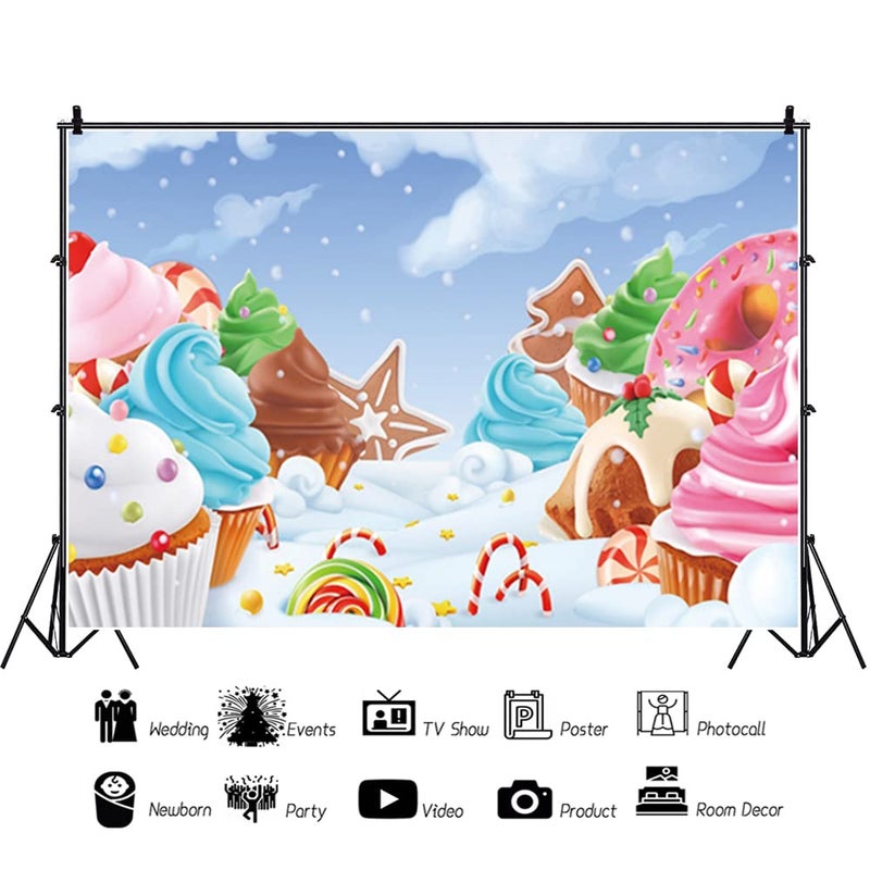 Renaiss 5x3ft Winter Candyland Backdrop Cartoon Sweet Dessert Ice Cream Cupcakes Donut Lollipop Snow Photography Background Kids Baby Shower Candy Theme Birthday Party Decor Photo Studio Props - Image 4